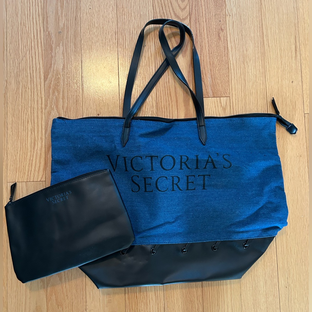 Victoria's Secret Black and Blue Travel Bag with Cosmetics Case - New